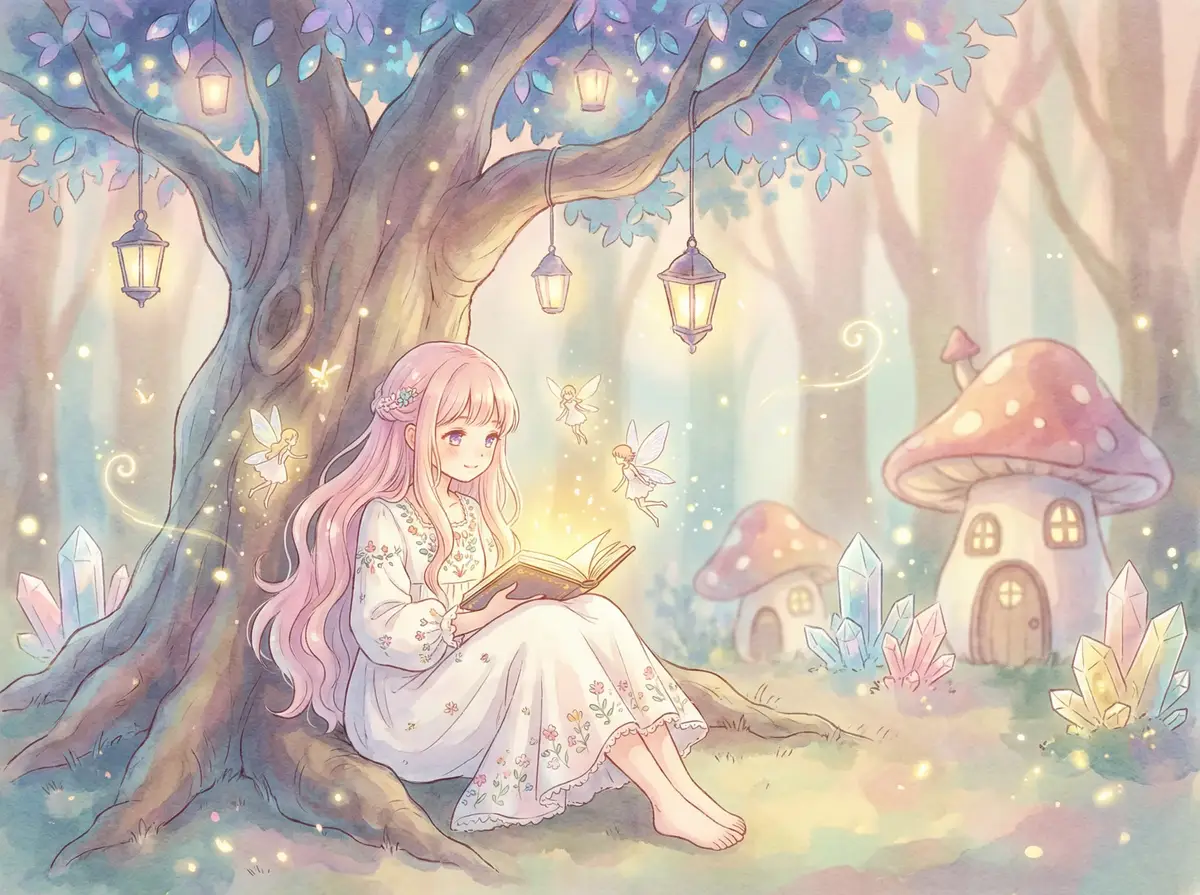 老爸的爱情下载 - 魔法森林中阅读故事书的粉发少女与精灵